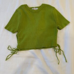 Zara Green Cropped Knit Top with Cut Out Sides & Ties